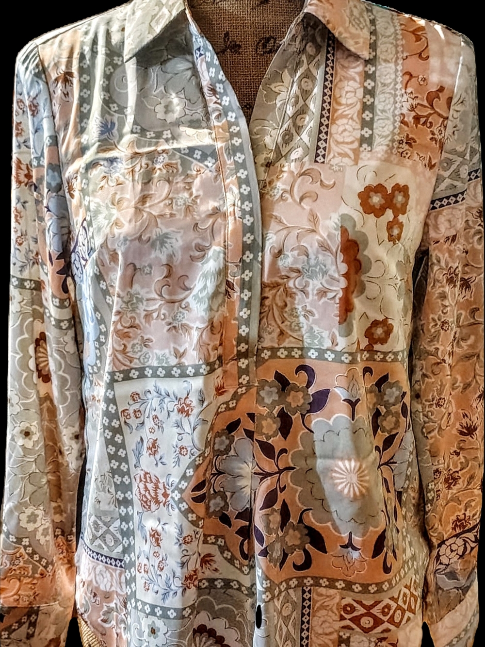Joie Patchwork Floral Button-Front Blouse in Peach, Sage and Cream